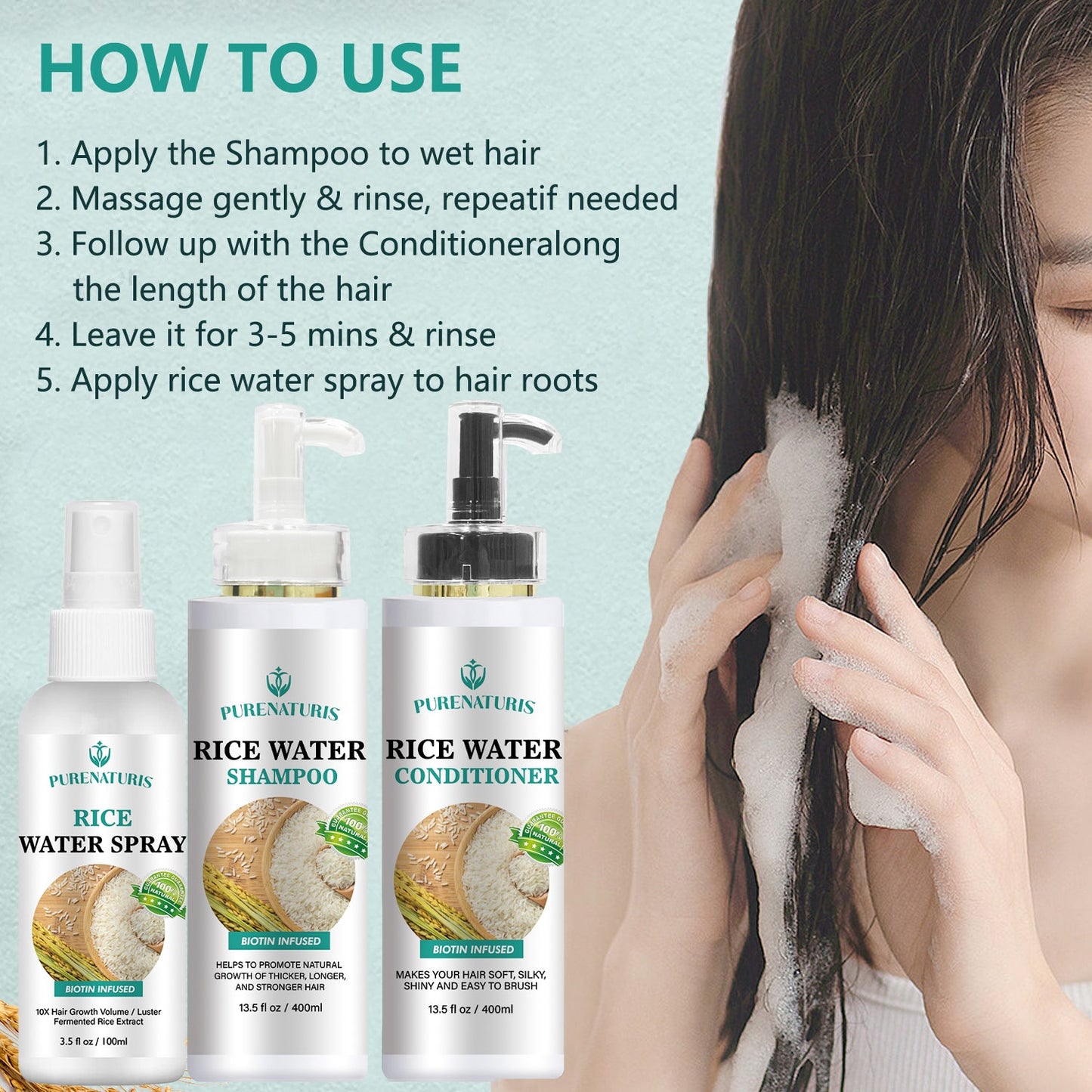 Rosemary Rice Water Hair Growth System Kit - Shampoo, Conditioner and Leave-in Serum