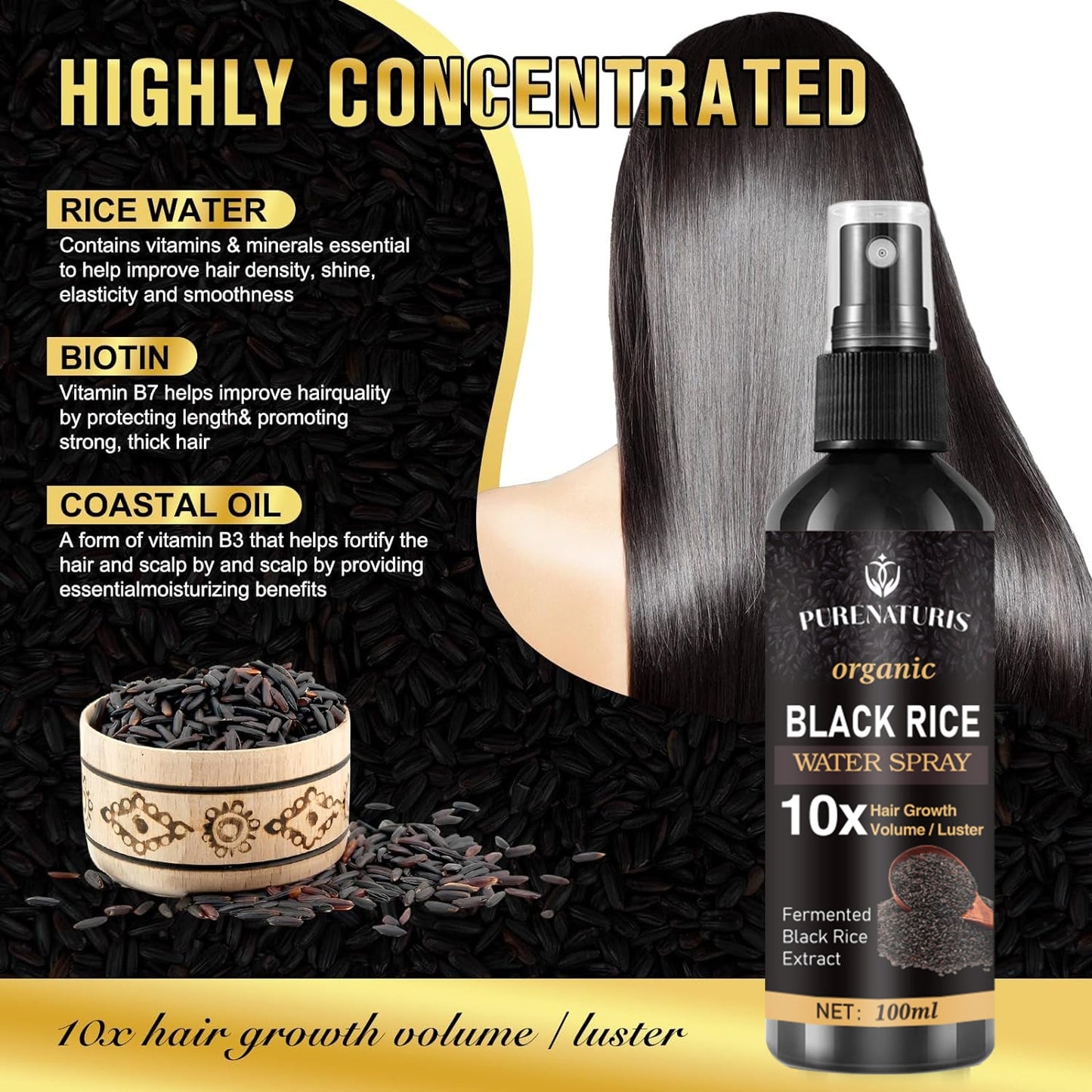 Natural Black Rice Water Hair Growth Spray For Women and Men  with Castor Oil Ginger