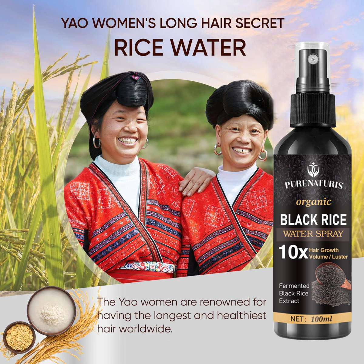 Natural Black Rice Water Hair Growth Spray For Women and Men  with Castor Oil Ginger