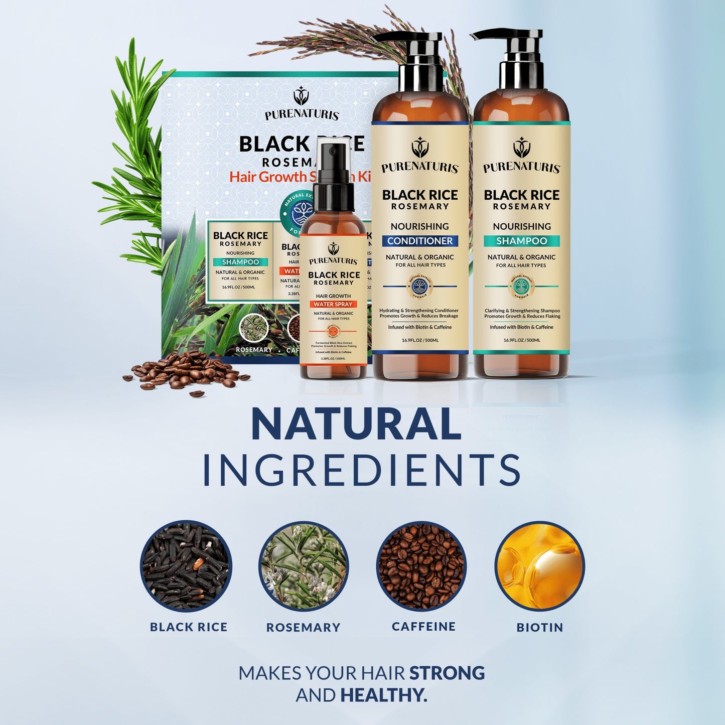 Rosemary Black Rice Water Hair Growth System Kit - Shampoo, Conditioner and Leave-in Serum