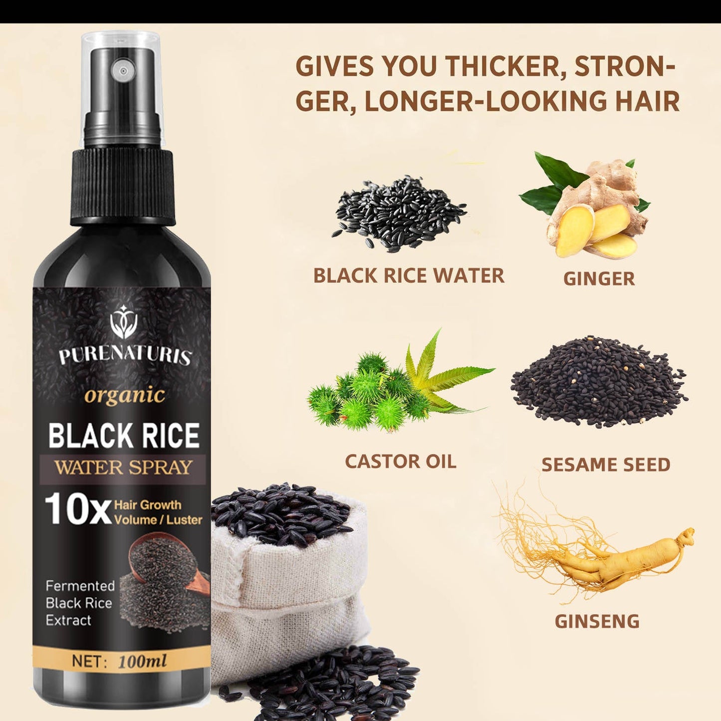 Natural Black Rice Water Hair Growth Spray For Women and Men  with Castor Oil Ginger